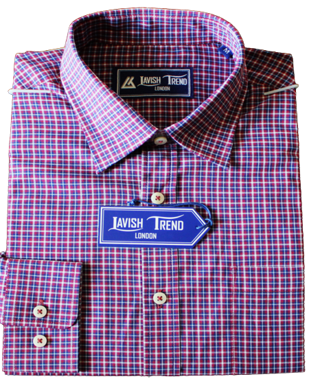Burgundy, Blue and White Check; Full Sleeve, Button Free Collar, Men Shirt